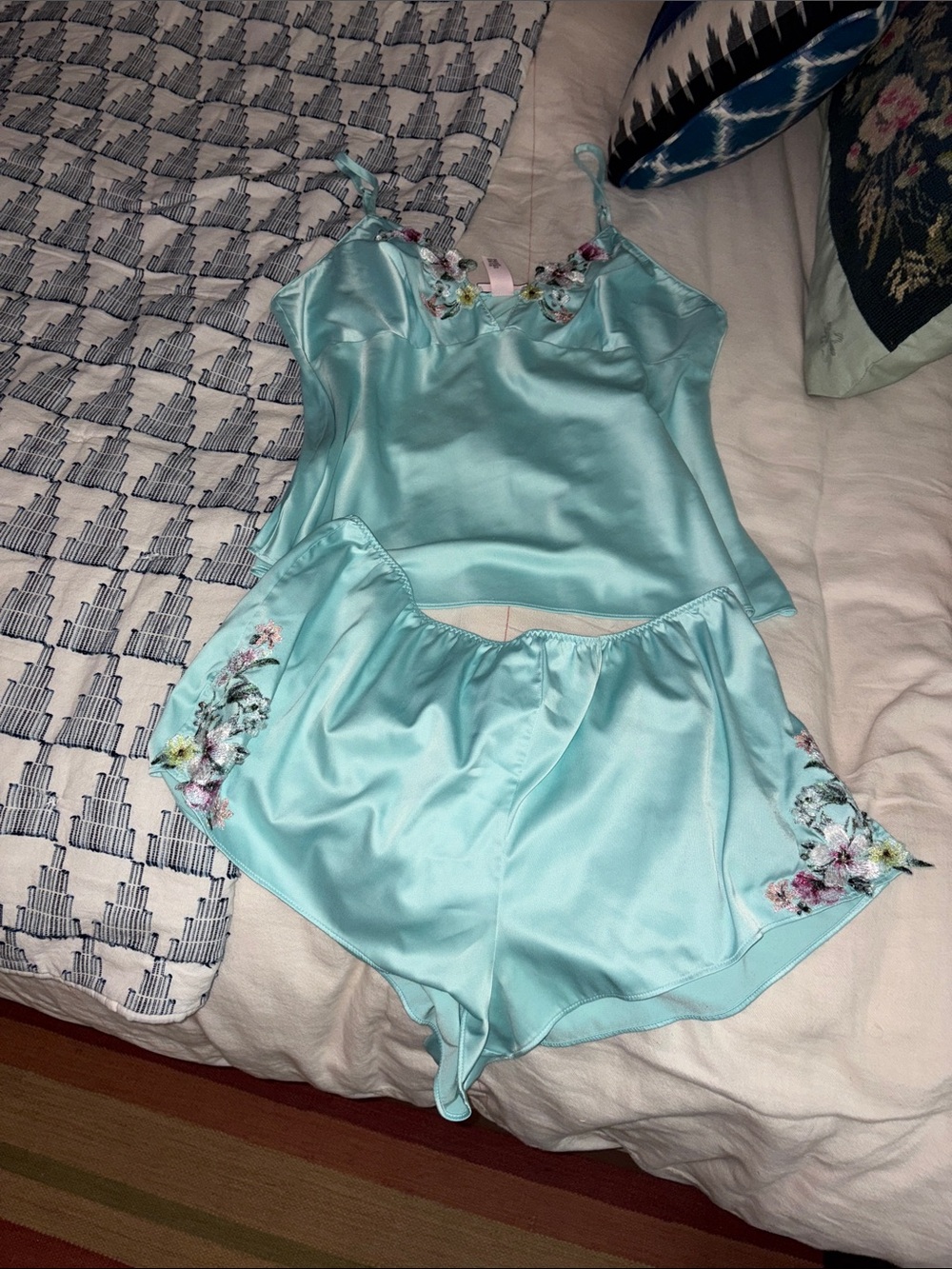 Victoria's Secret Aqua Satin Floral Embroidered Cami & Shorts Set